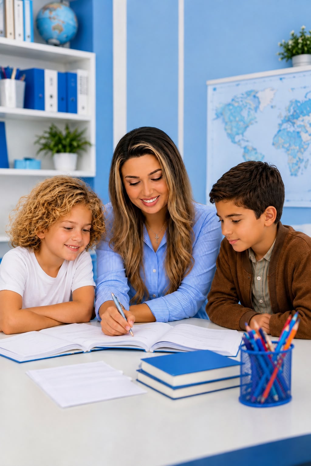 Lehrerin hilft Kindern bei den Hausaufgaben