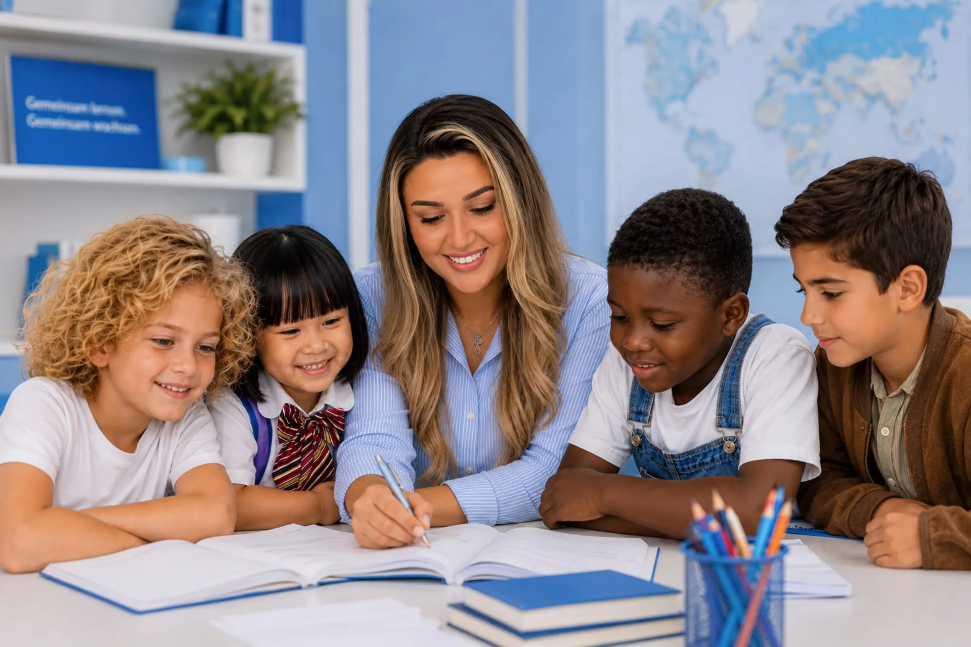 Lehrerin hilft Kindern bei den Hausaufgaben